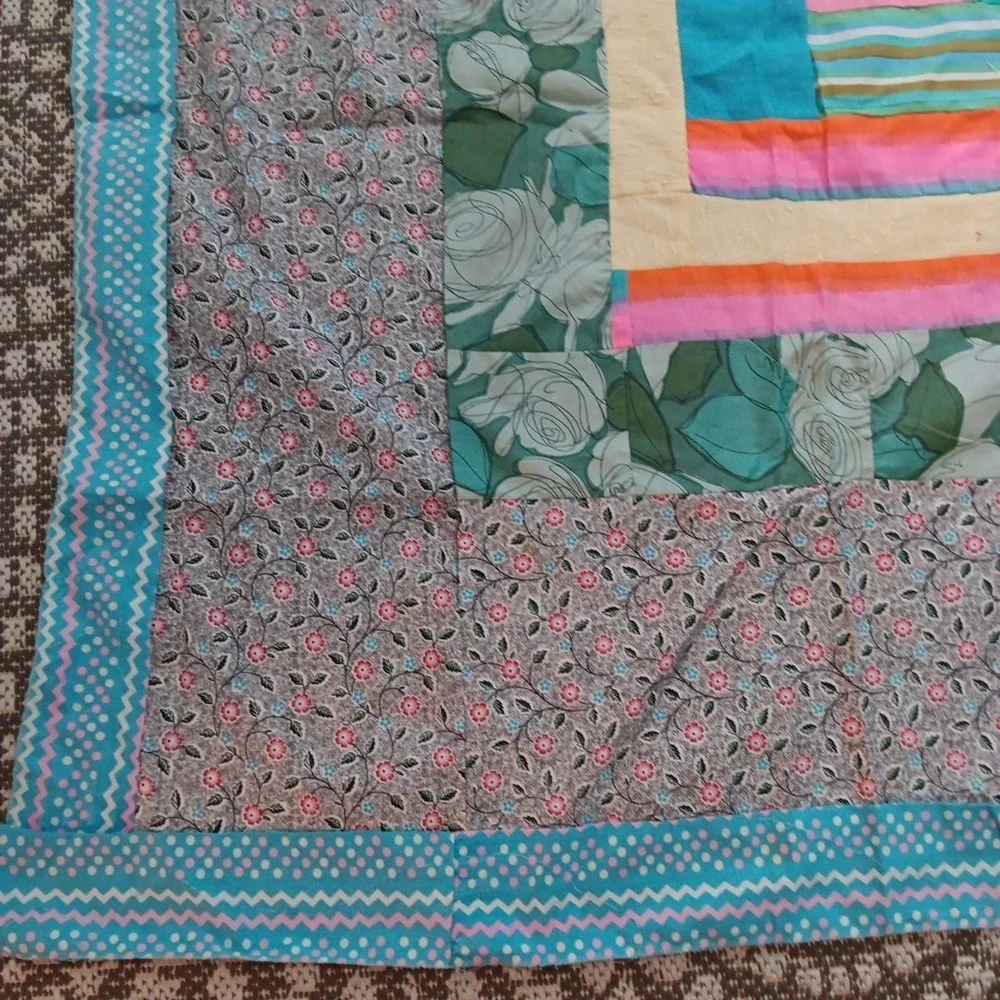 VTG 70's Crazy Multi-Color Quilt Top Unfinished Fabric 93X76 Craft Boho Cottage